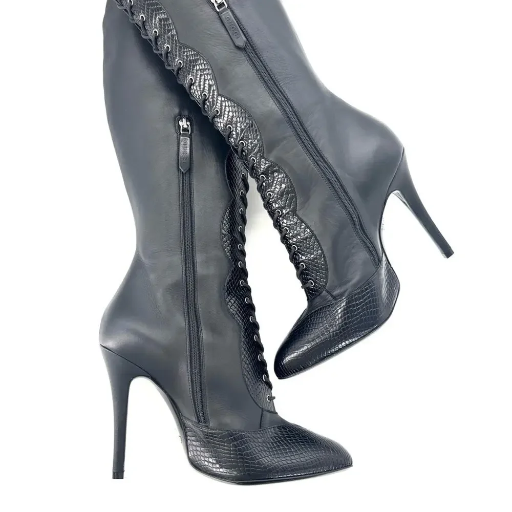 NEW Gucci Harriet Cruise 2023 Snake Emboss Over The Knee High Heel Boots 40